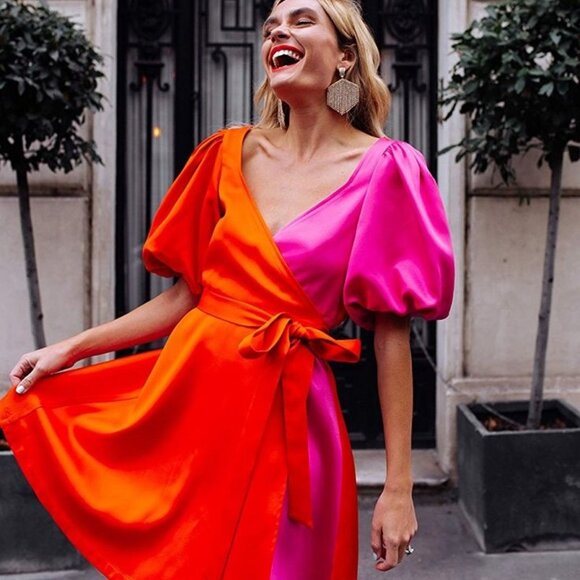 Officiallyquigley X The Drop Color Block Orange & Pink Puffy Sleeve Mini Dress - Picture 1 of 13